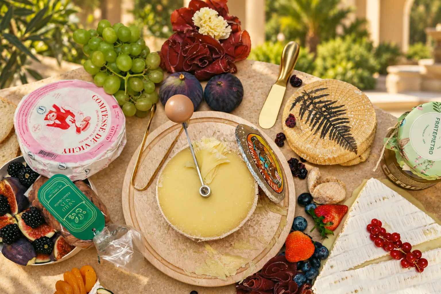A Tete de Moine girolle among soft cheeses, figs and berries