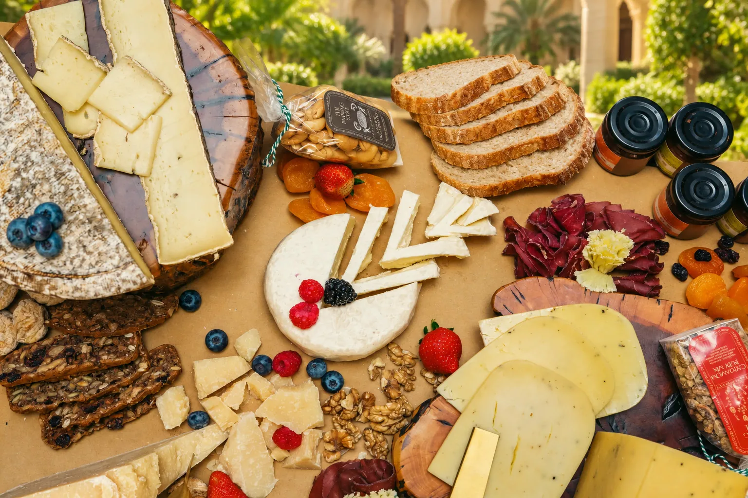 Cheeses cut and arranged with berries, nuts and crackers