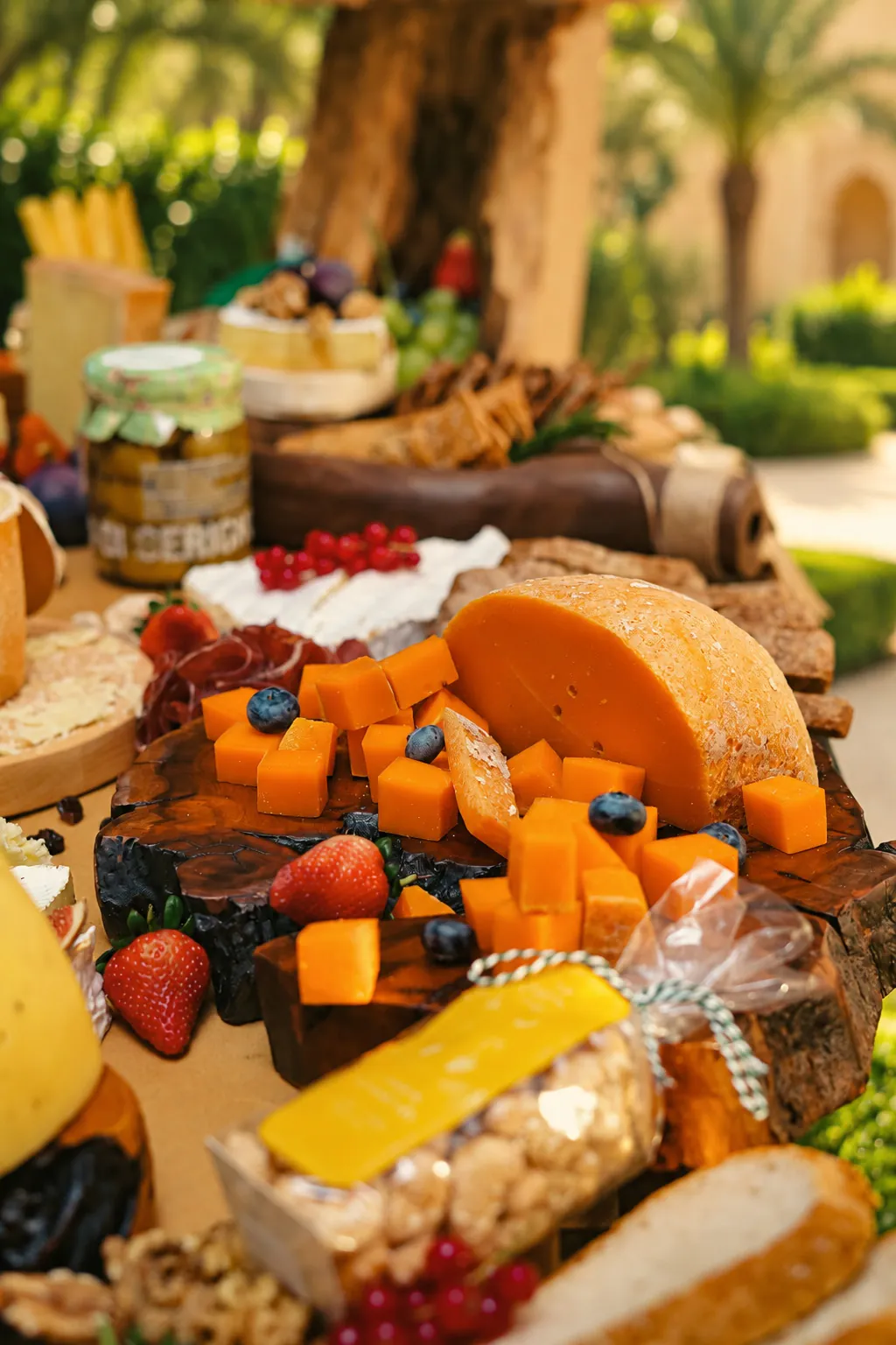 Cheese wedges, fruit and nuts on the table