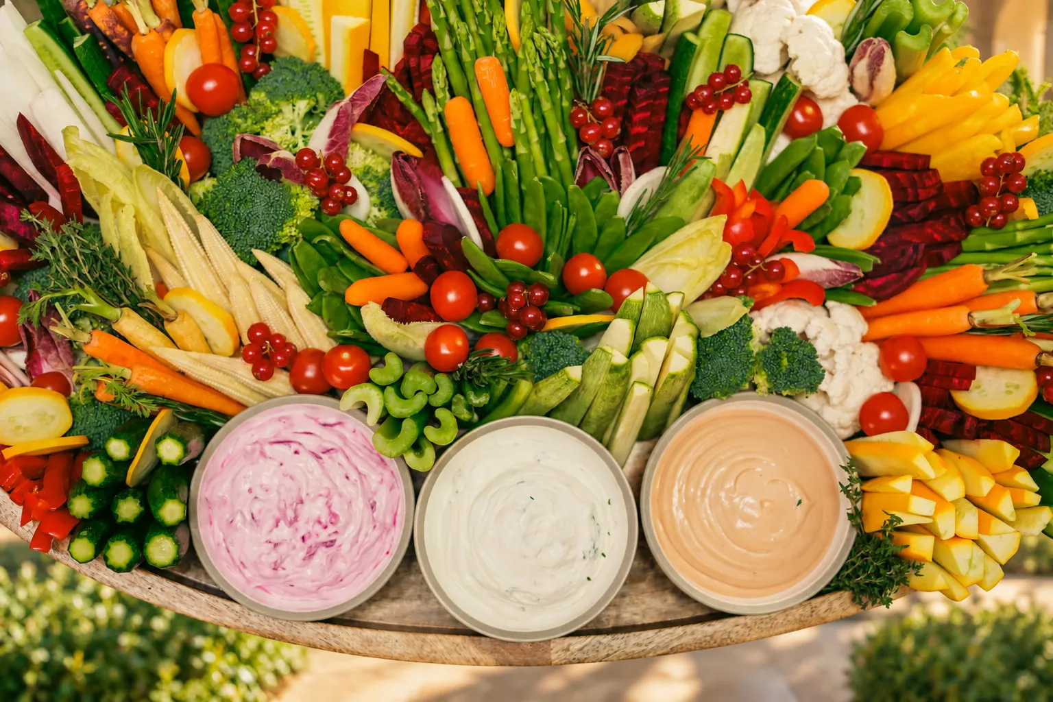 A colourful garden platter of fresh vegetables with dips
