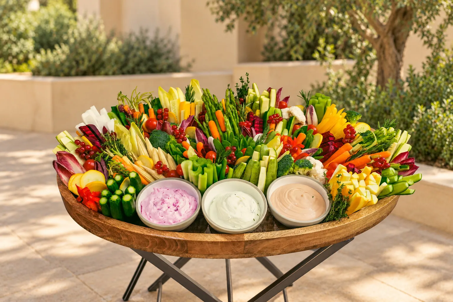 The garden platter presented on a wooden stand outdoors