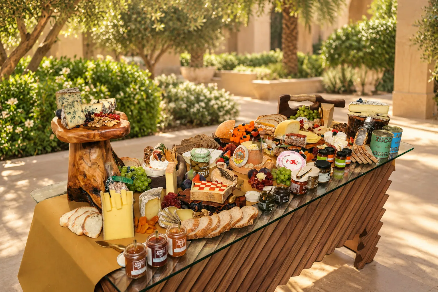 A Mirsam grazing table set outdoors with cheeses, breads, fruit and preserves
