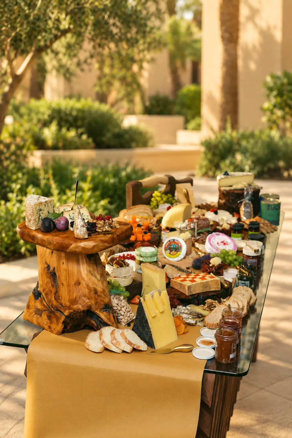 A wooden stand of cheeses rising above the table