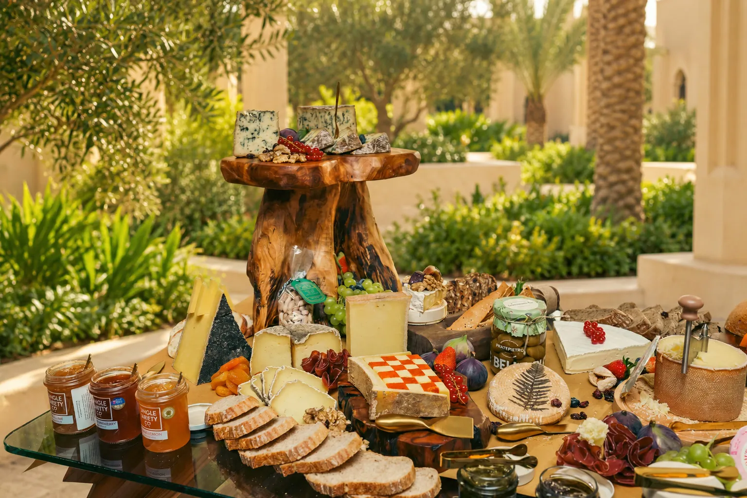 The grazing table set in a garden courtyard
