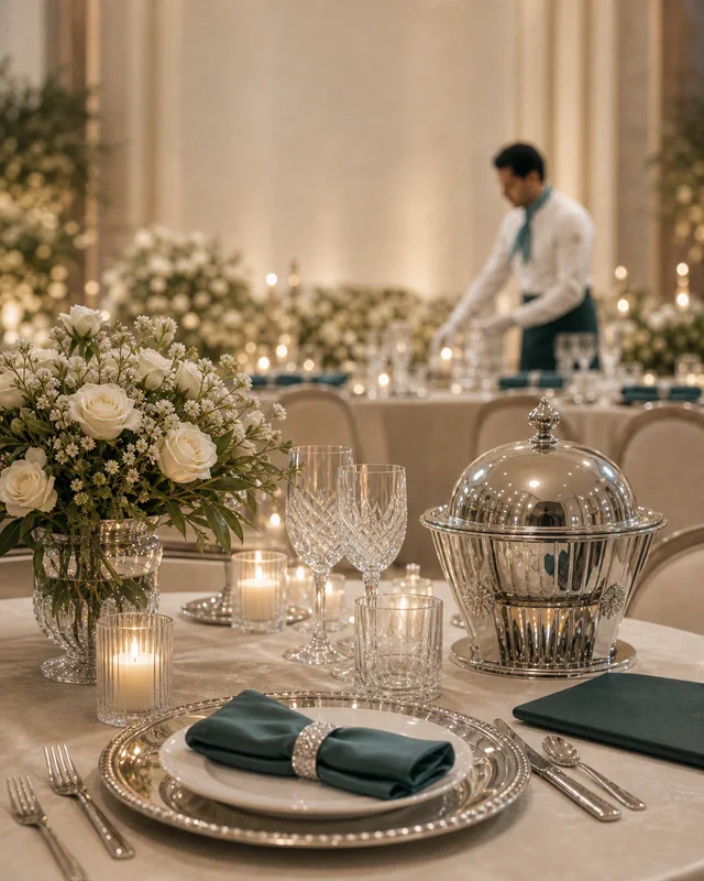 A Mirsam table set with teal napkins, flowers and glassware