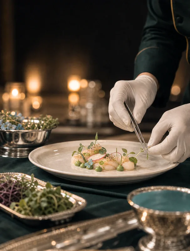 White-gloved hands preparing a dish for guests