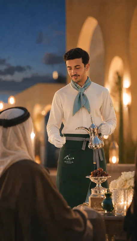 A Mirsam waiter presenting a dish at a beautifully dressed table