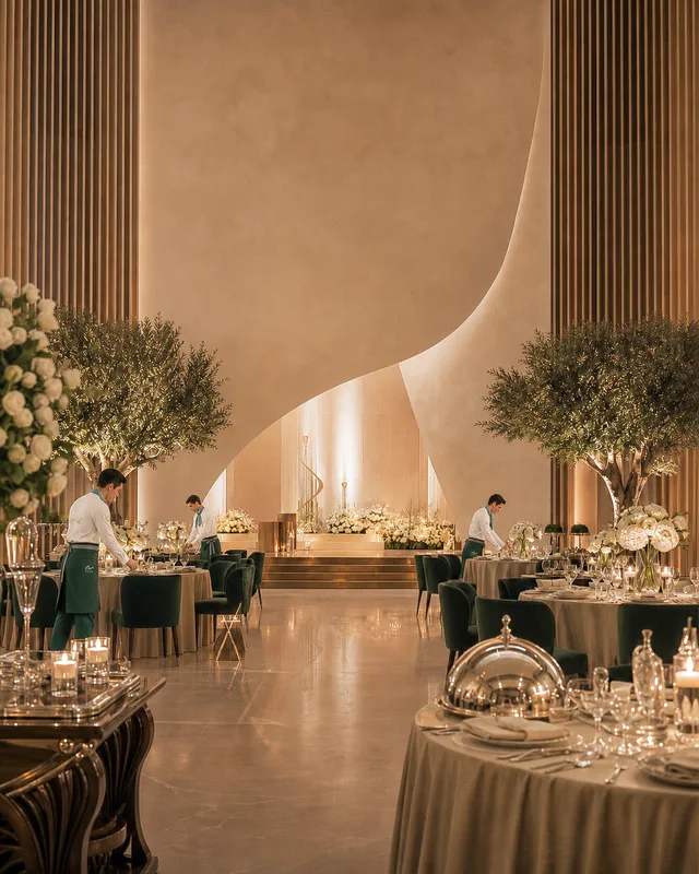A warmly lit wedding reception with abundant flowers and elegant table settings